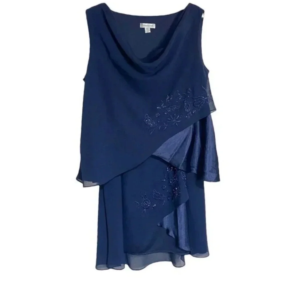 Coldwater Creek Size 22W Blue Beaded Tiered Chiffon Sleeveless Dress Skirt Set